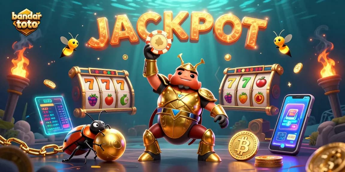 Bets on bandar toto reveal joy as cartoon beetles celebrate with a jackpot victory in a vibrant casino scene.