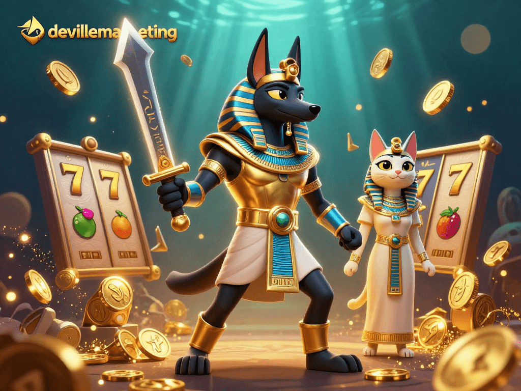 Mainkan slot online di devillemarketing dengan Anubis dan Bastet dalam ilustrasi penuh warna.