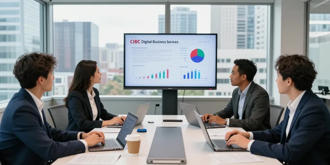 CIBC digital business team collaborating on banking strategies in a modern conference room.
