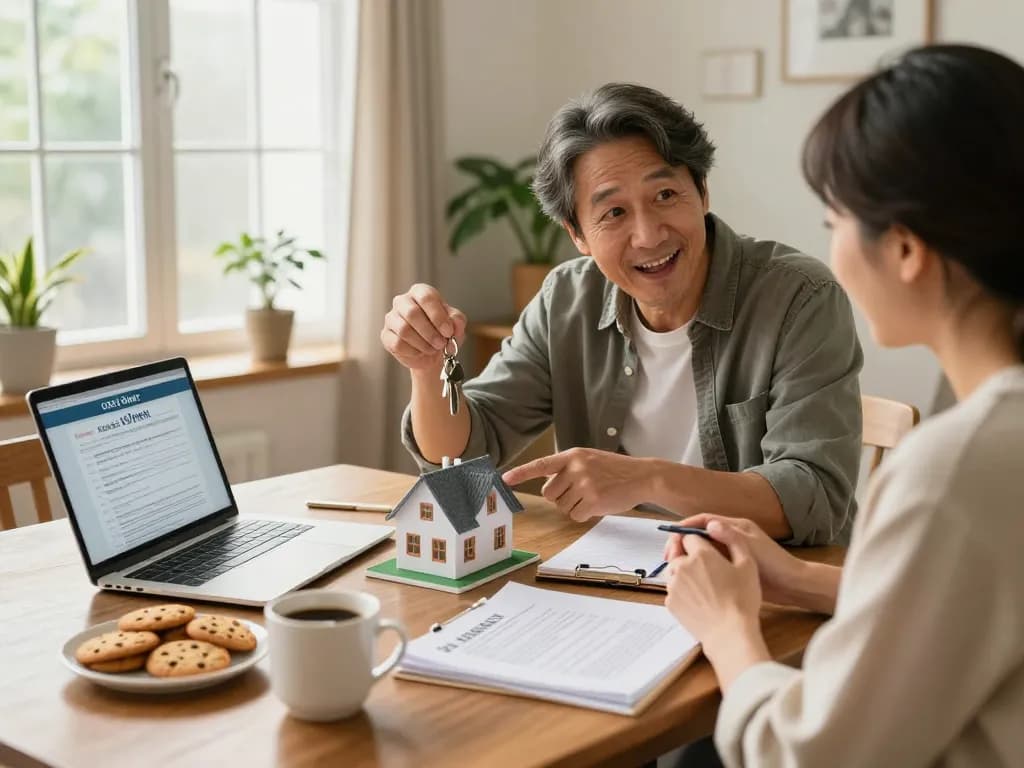 Cash home buyers discussing offers with homeowner in bright living room.