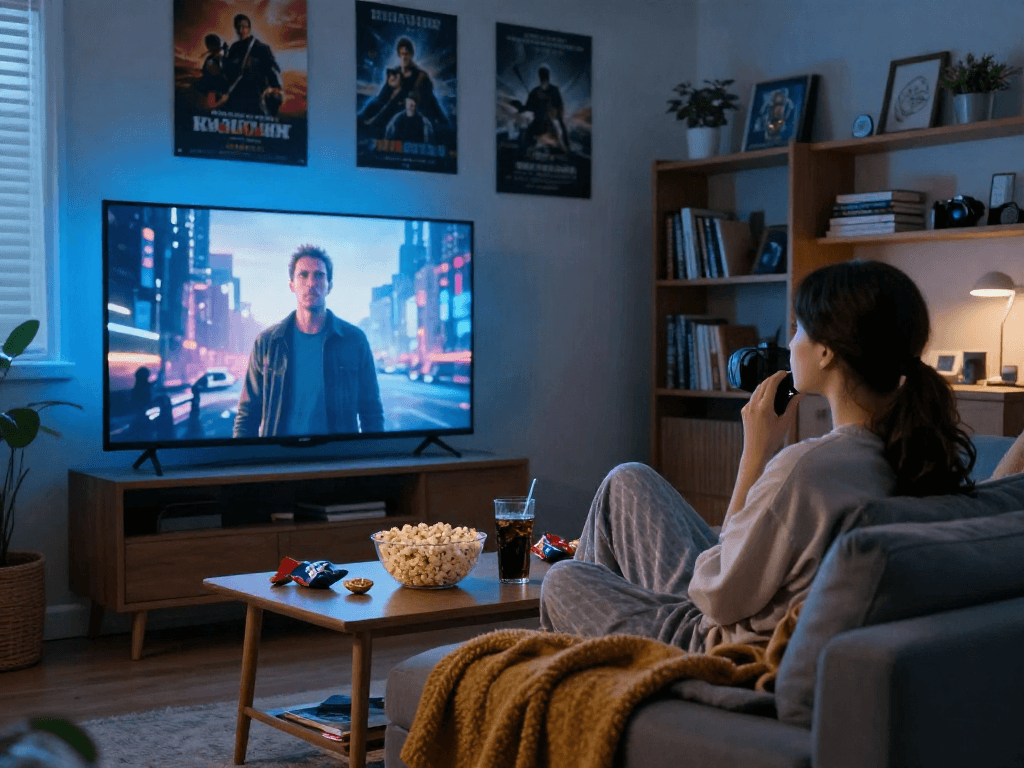 Moviebox user enjoying a cinematic experience at home, watching films on a large TV with snacks.