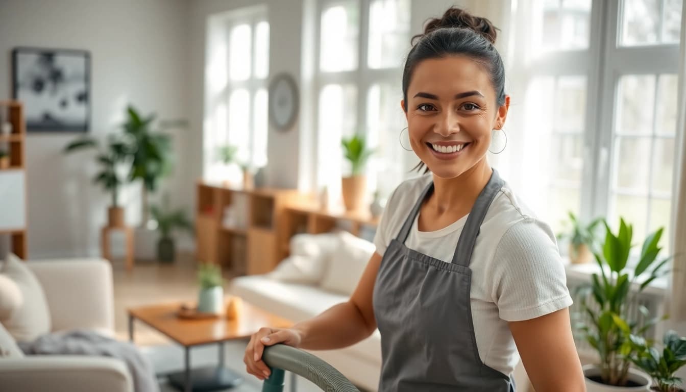 Professional cleaning service showcased by a dedicated cleaner in a bright living room.