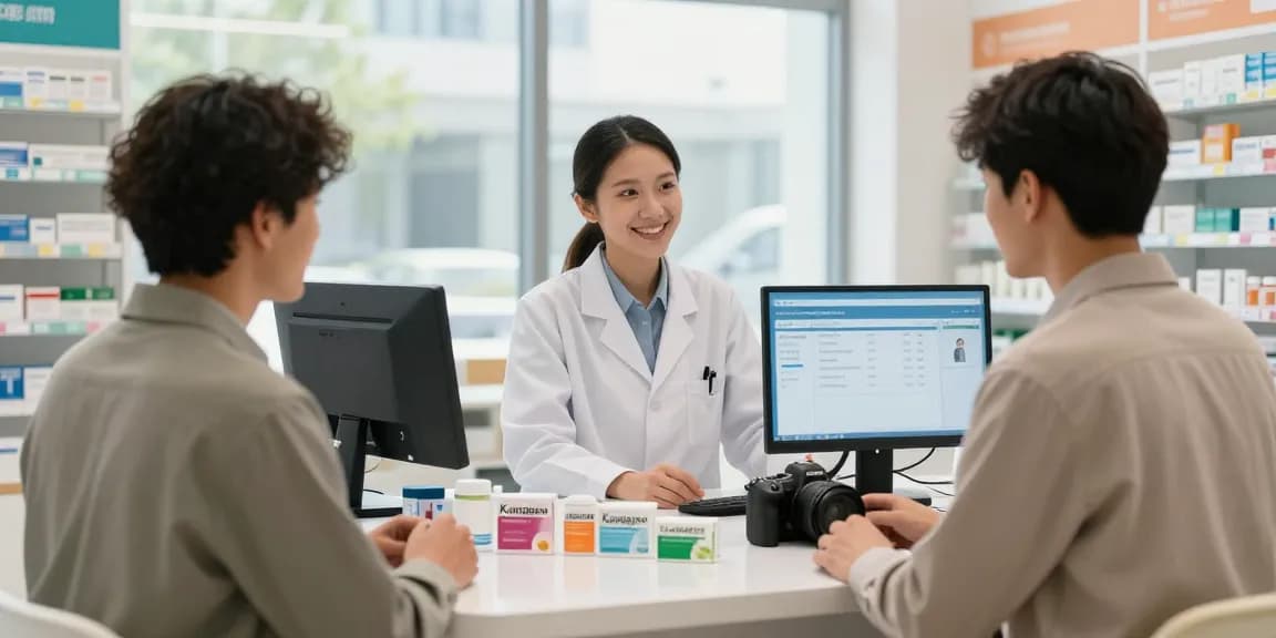 Buying Kamagra at a virtual pharmacy, expert pharmacist advising with confidence and care.