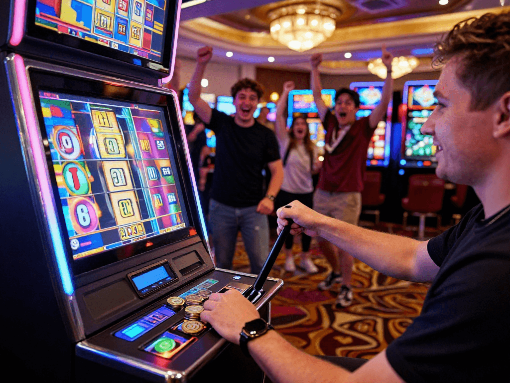 Exciting casino slot jackpot win scene with colorful reels and cheering crowd