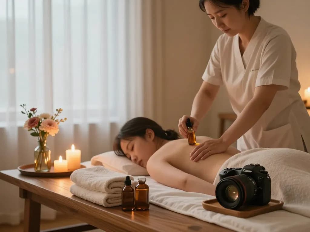 Relaxing 천안스웨디시 massage setting with candles and soothing ambiance.