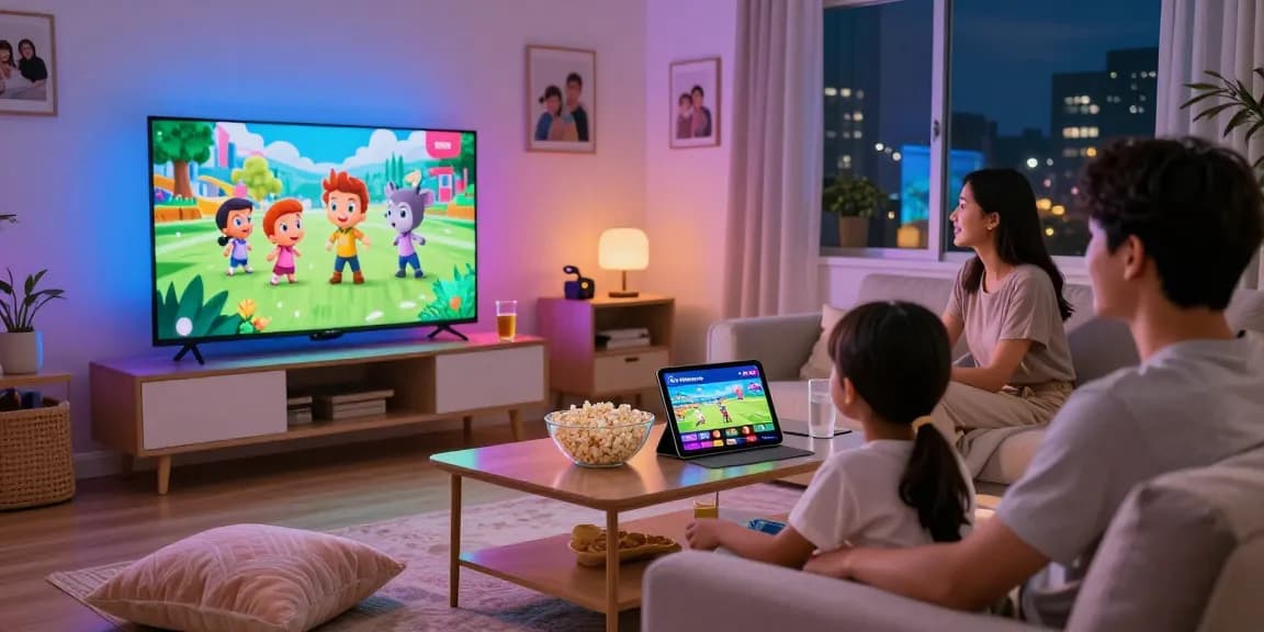 Pikashow app in a cozy living room with family watching movies and sports