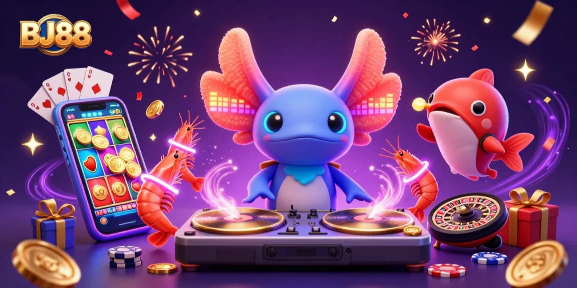 BJ88 engages players with dynamic gaming elements featuring vibrant characters in a neon casino art scene.