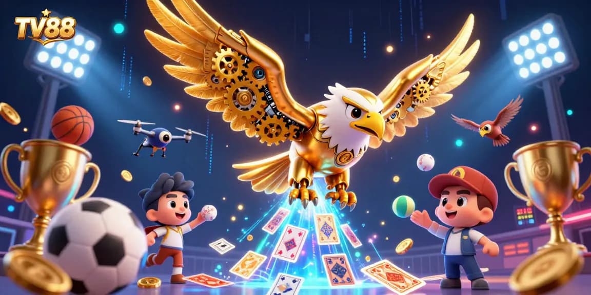 Experience thrilling gaming with TV88 as a golden eagle soars through vibrant casino elements.