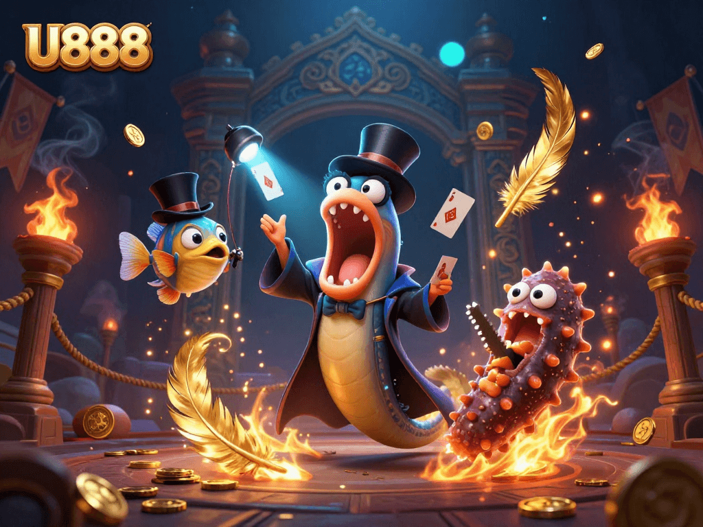 U888 showcases a magical scene featuring a bioluminescent gulper eel performing card tricks, enhancing the gaming experience.