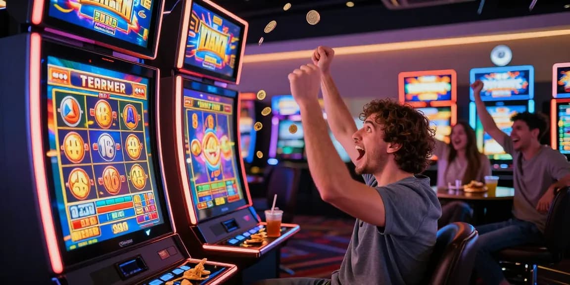 Player celebrating a slot jackpot victory at a vibrant casino.