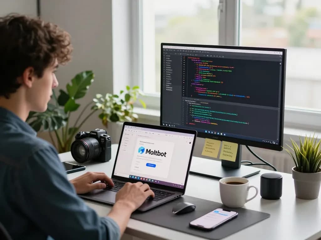 Moltbot AI assistant in action with a user coding in a modern home office.