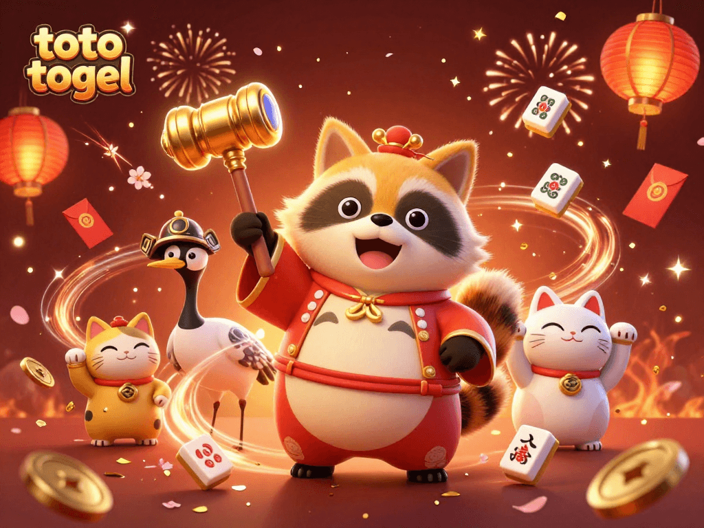 Mainkan toto togel dengan desain menarik yang menampilkan tanuki keberuntungan dan berbagai elemen festival.