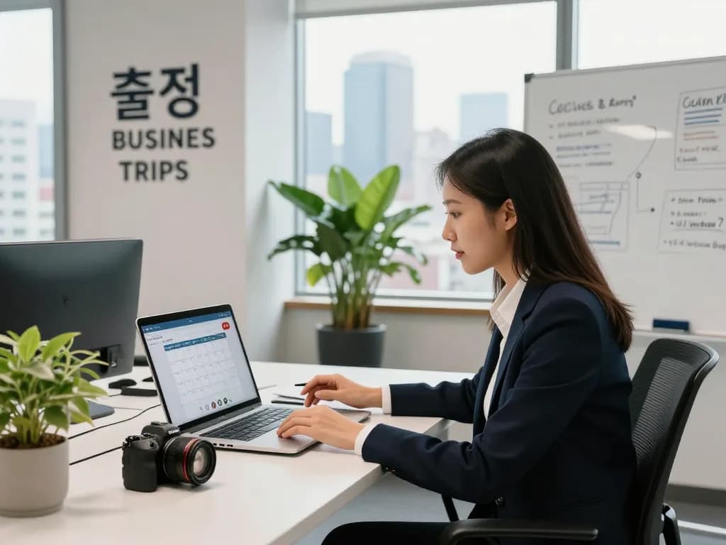 Professional discussing 출장 plans in a bright co-working space