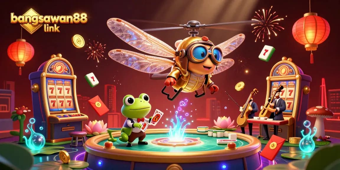 The illustration captures the excitement of bangsawan88 link with a dragonfly pilot and frog croupier in a vibrant casino scene.