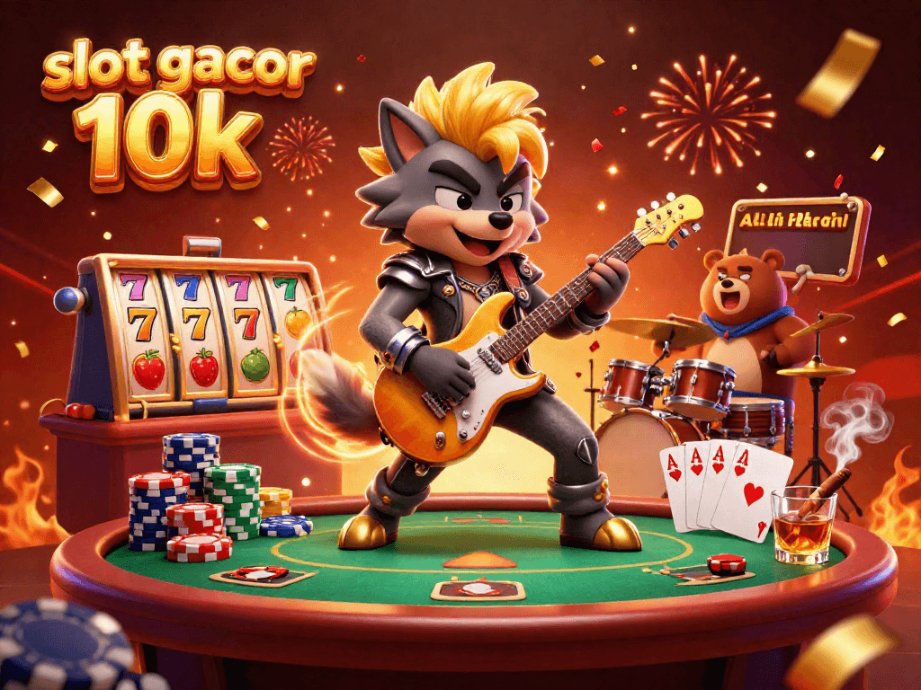 Engage with the slot gacor 10k excitement featuring a rock star wolf and a drummer bear on a vibrant casino stage.