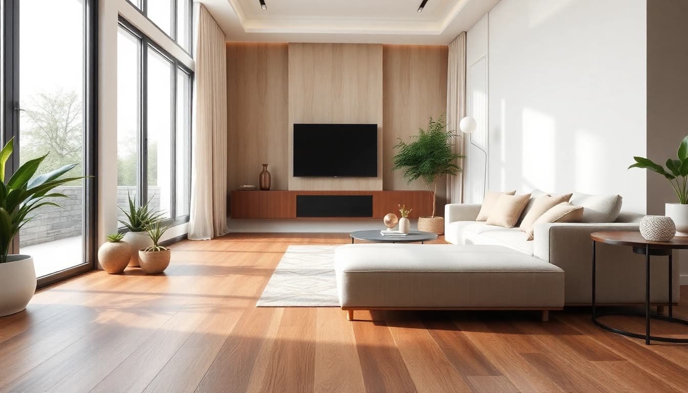 Showcasing vinyl flooring in a chic modern living room with natural light and elegant decor.