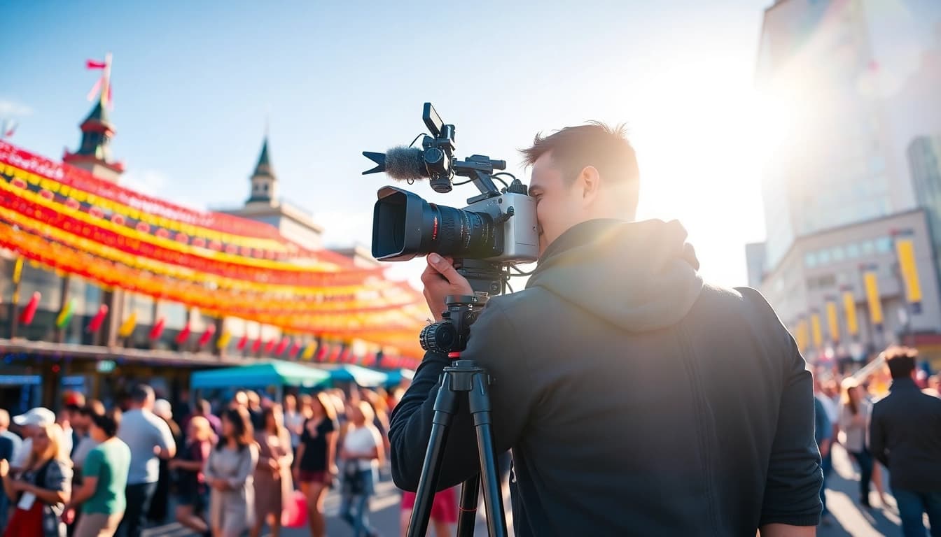 Edmonton videographer capturing an outdoor event in a vibrant city setting.