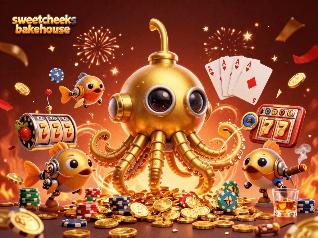 Engage with sweetcheeksbakehouse's playful 3D casino scene full of slot reels and golden treasures.