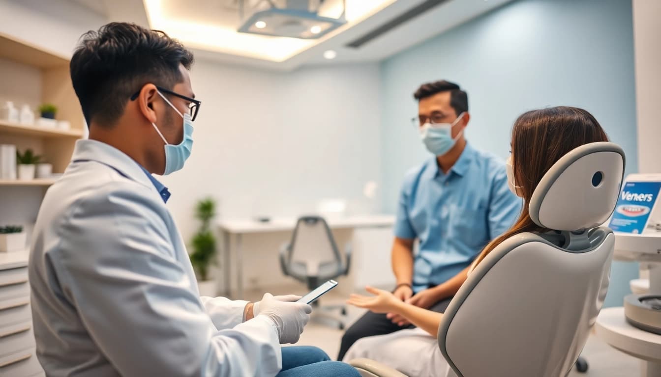 Dental consultation in a modern clinic for veneers malaysia with dentist and patient.