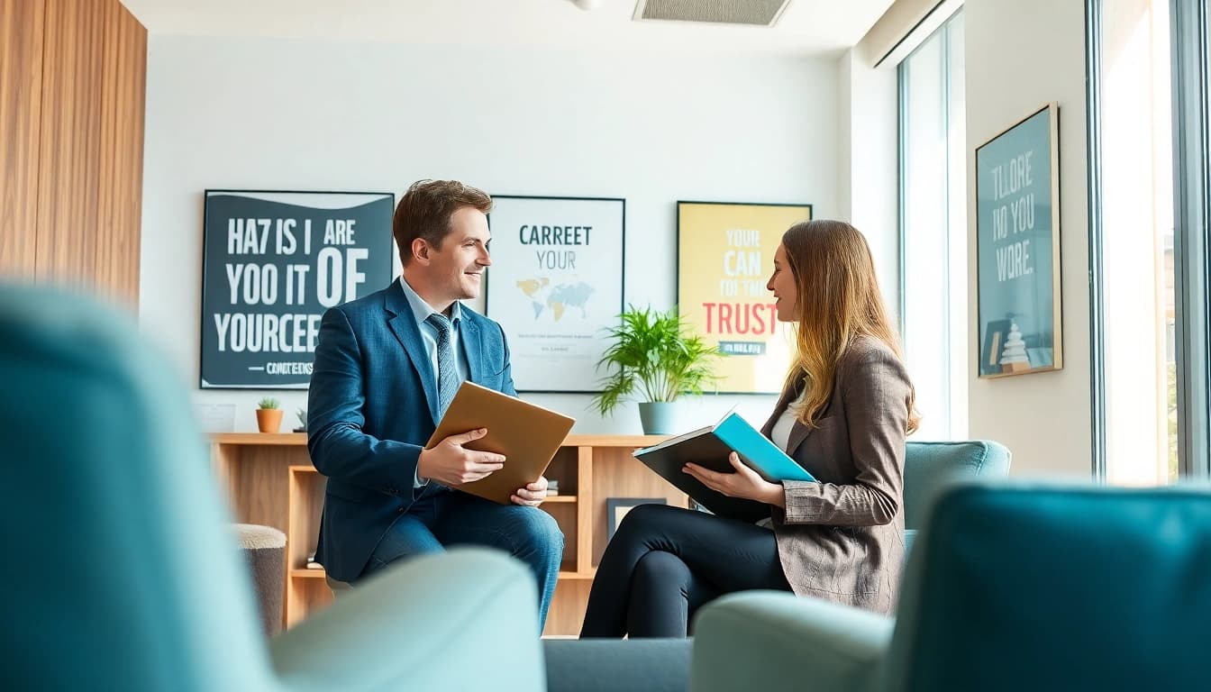 Career consultant engaging with a client in a bright, modern office setting.