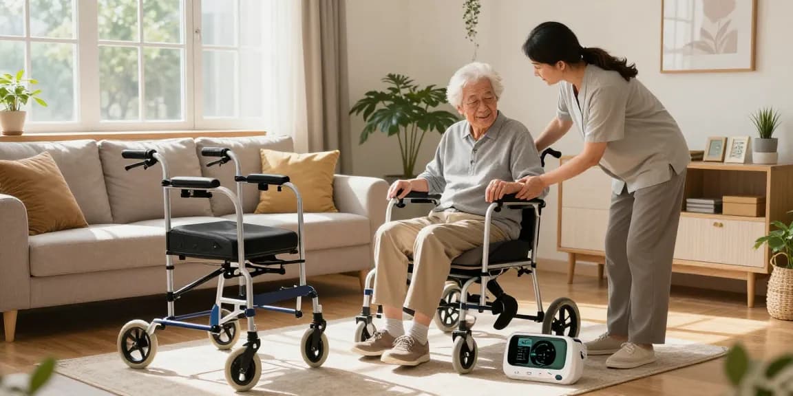 Senior using long-term care products like mobility aids and health devices in a cozy living room
