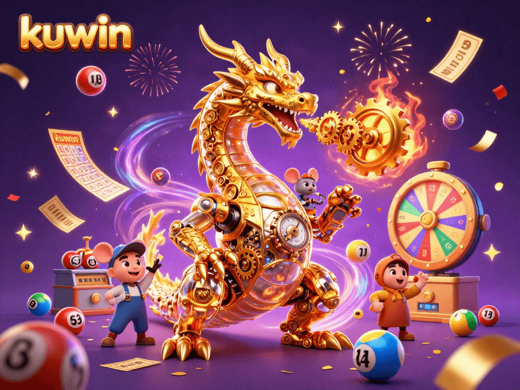 Kuwin themed gambling illustration showcasing dynamic lottery games with vibrant colors and engaging characters.