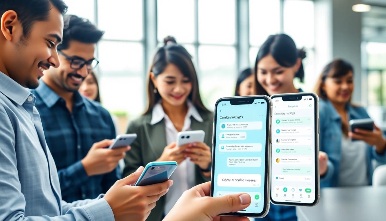 Engaging scene displaying Potato下载 in action, showcasing secure communication through a modern app interface among diverse professionals.