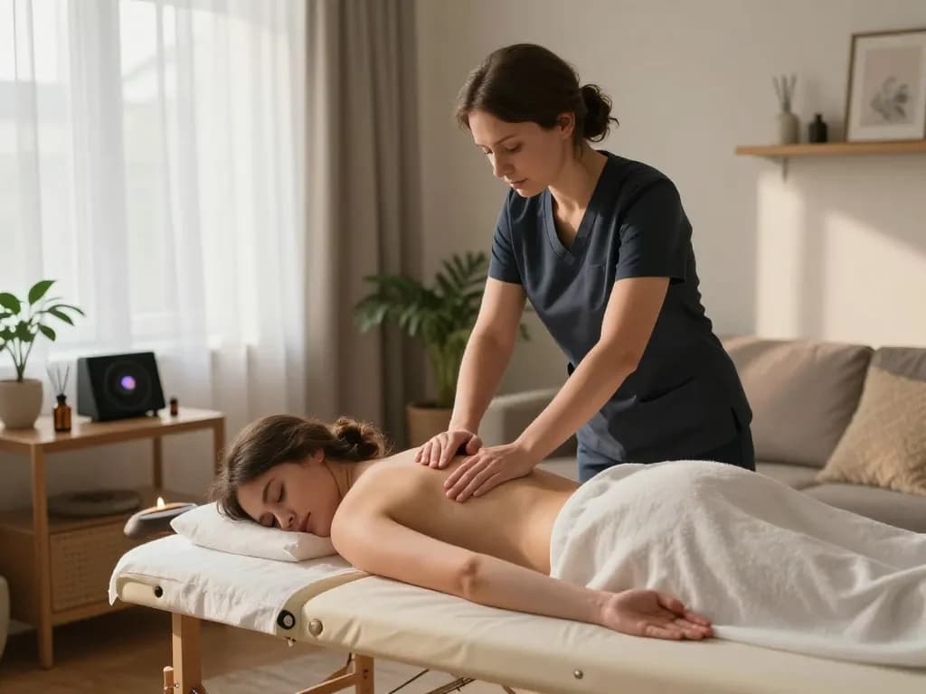 https://www.russiamobilemassage.com에 의한 집에서의 모바일 마사지 서비스, 아늑한 거실 공간에서 편안한 세션을 제공하는 전문 치료사를 보여줍니다.