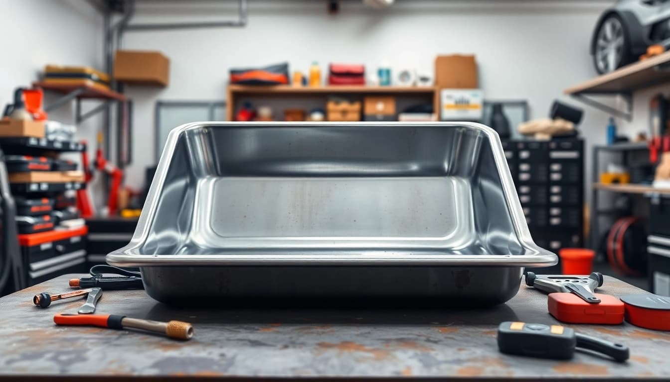 Efficient oil drain pan positioned on a clean workspace, showcasing its metallic design for easy oil changes.