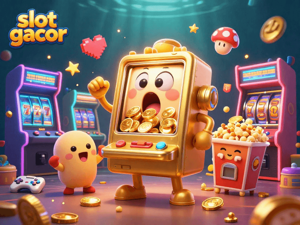 Experience the excitement of slot gacor with a cartoon golden slot machine hitting its jackpot.