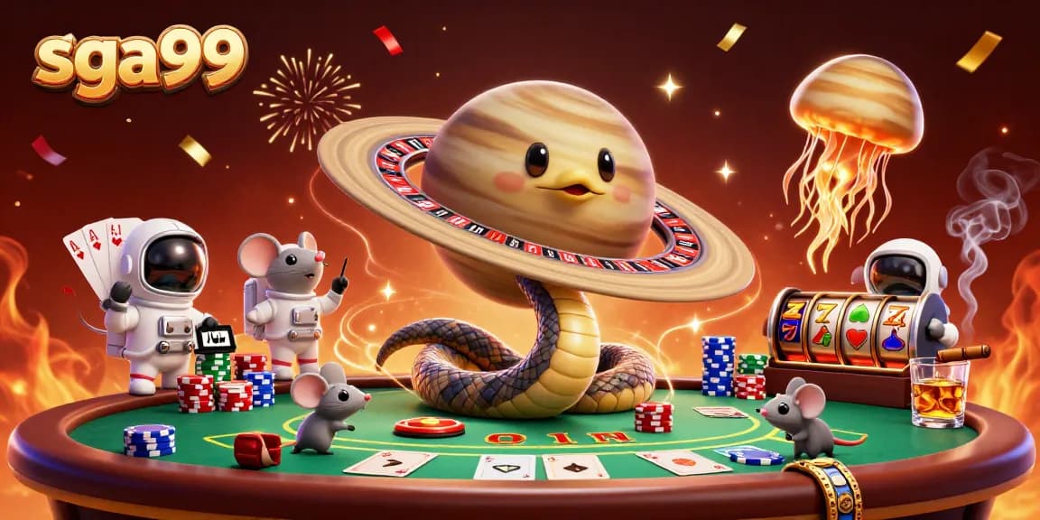 Place exciting bets at sga99, featuring a coiled Saturn snake as a roulette wheel in a vibrant casino atmosphere.