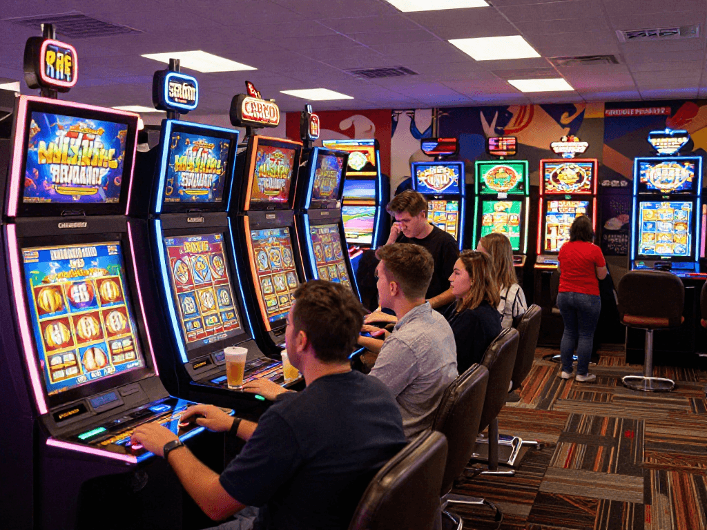 Players enjoying a lively casino atmosphere while aiming for a slot jackpot.