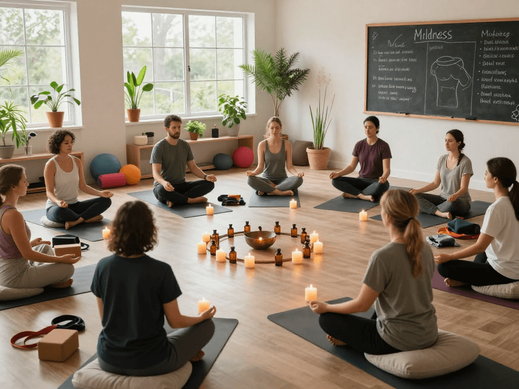 Participants practicing mindfulness with mantra88 in a serene wellness workshop setting.