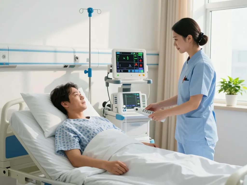 Patient in a giường bệnh nhân being adjusted by a nurse, showcasing modern healthcare equipment in a hospital room.