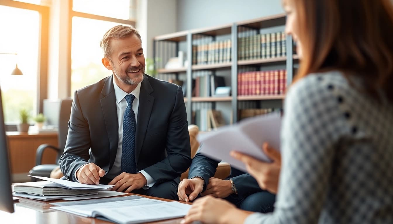 Clearwater truck accident attorney consults with a client in a professional law office setting.