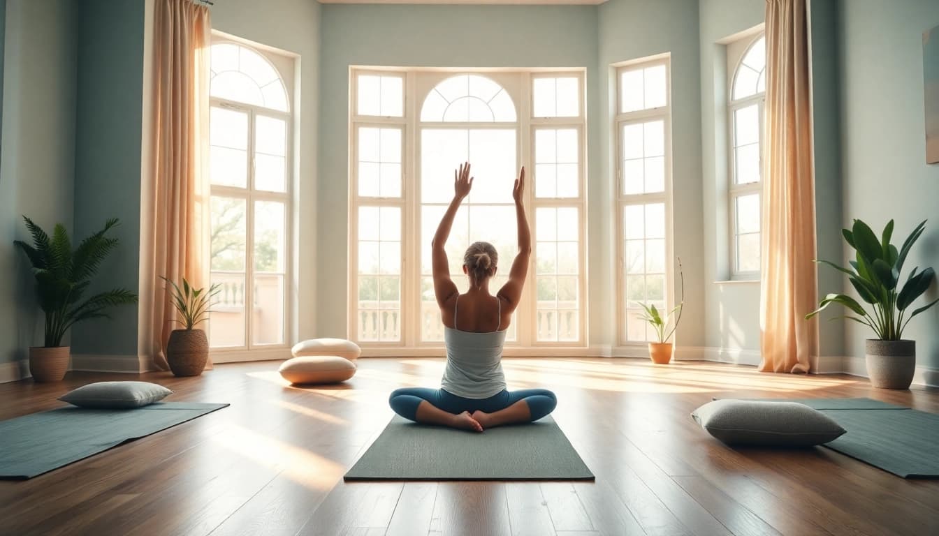 Engaging yoga pose symbolizing a natural back pain solution in a tranquil studio setting.