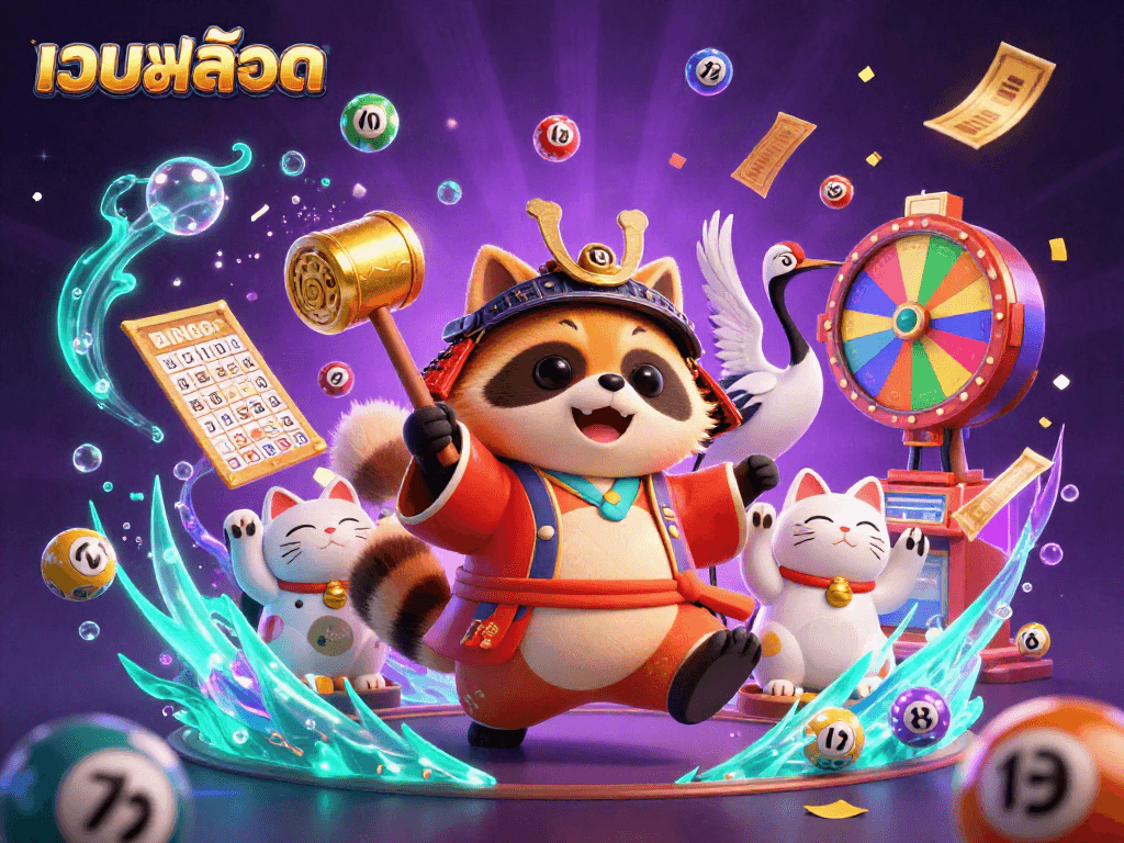 Spin to win with เว็บสล็อต amidst festive tanuki and luck symbols in this dynamic casino scene.