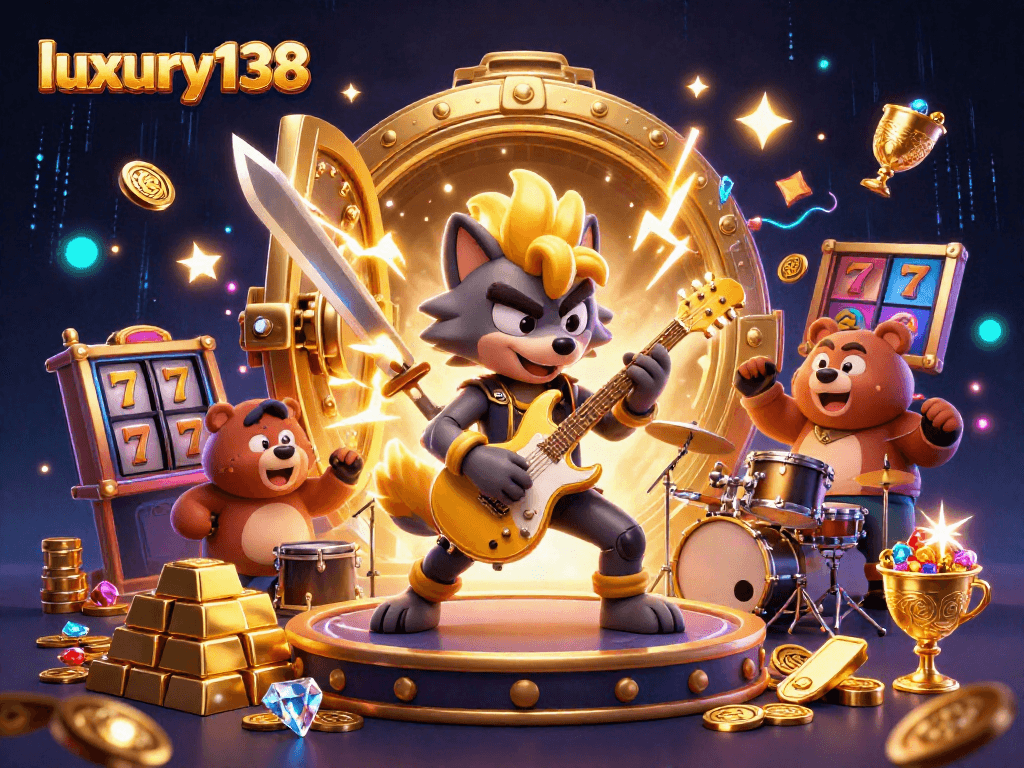 Luxury138 menyajikan aksi seru dengan simbol slot dan karakter kartun di kasino.