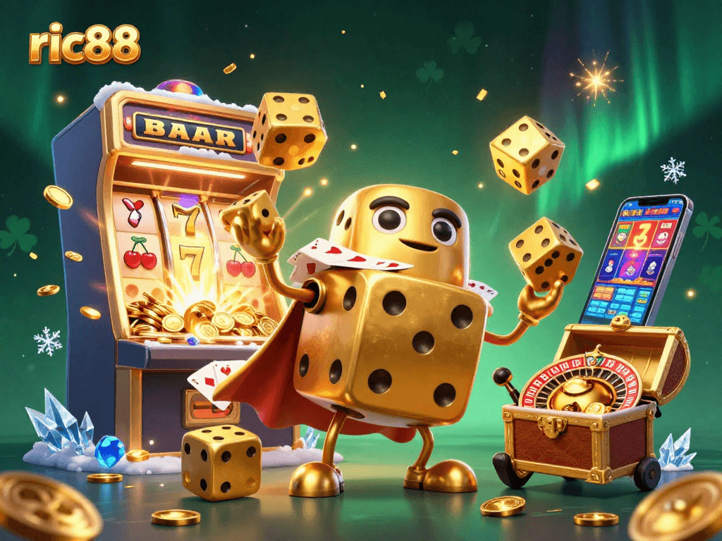 Engage with thrilling ric88 experiences featuring golden dice, slots, and vibrant casino elements.