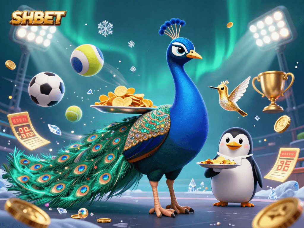 SHBET showcases a vibrant casino world with an aristocratic peacock and golden chips.
