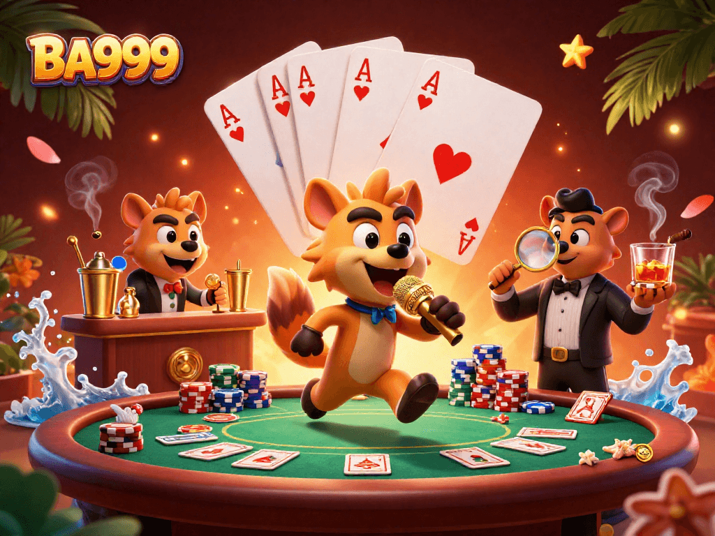 BA999 hyenas entertain guests in a vibrant comedy casino scene filled with poker elements.