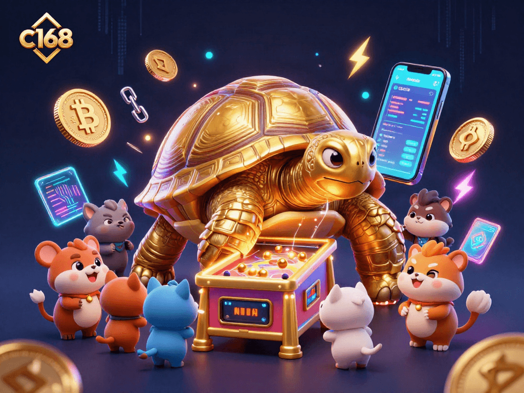 Engage with c168's thrilling 3D casino scene featuring a golden tortoise pinball machine and crypto elements.