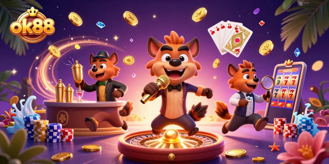 Experience the excitement of gambling at ok88 with animated hyenas in a lively casino scene.