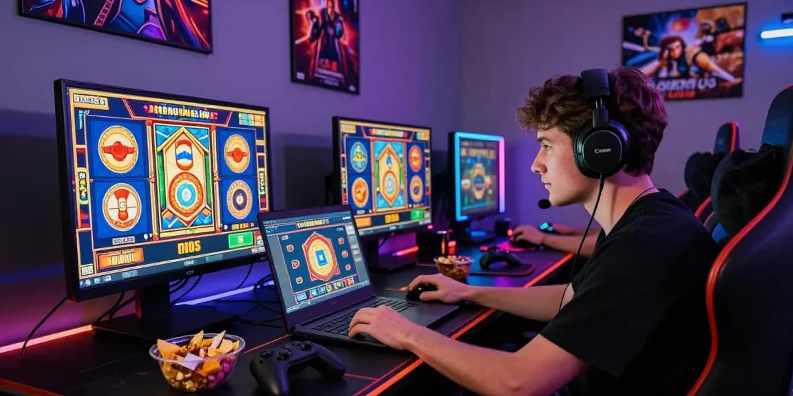 Excited gamer enjoying a slot deposit qris experience on a laptop amid vibrant gaming graphics and snacks.