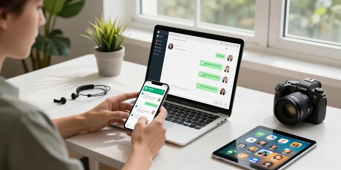 WhatsApp下載 on a laptop and smartphone in a modern workspace setting, showcasing seamless communication.