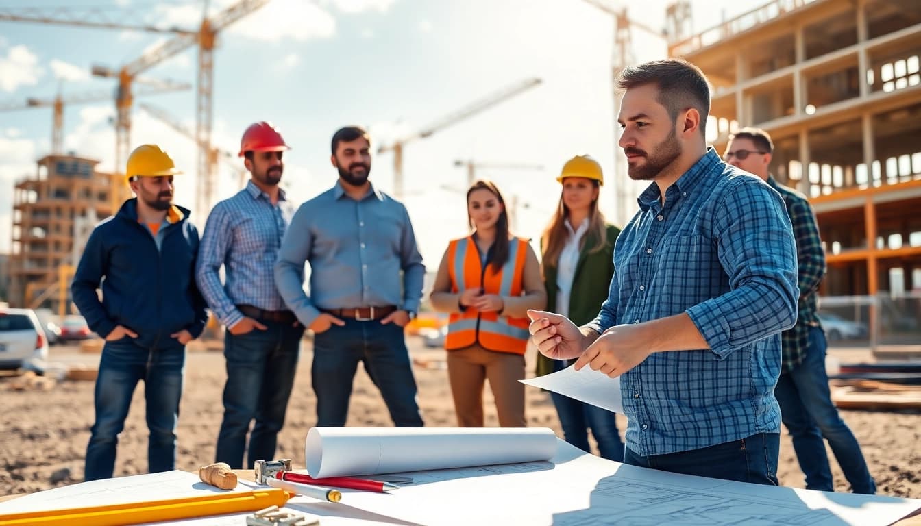 Active New Jersey Construction Manager leading a team at a busy construction site.