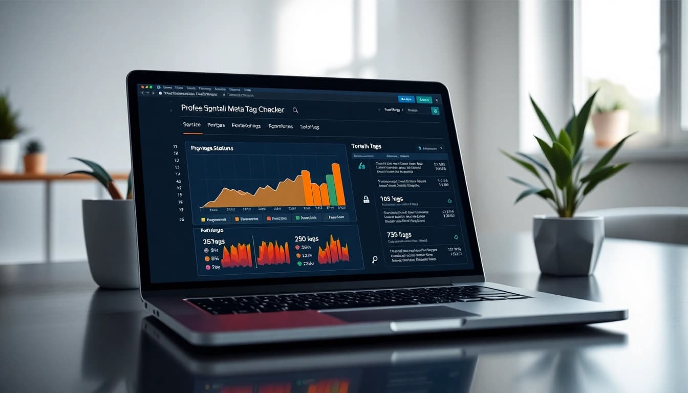Analyze meta tags checker results on a modern laptop in a bright workspace.