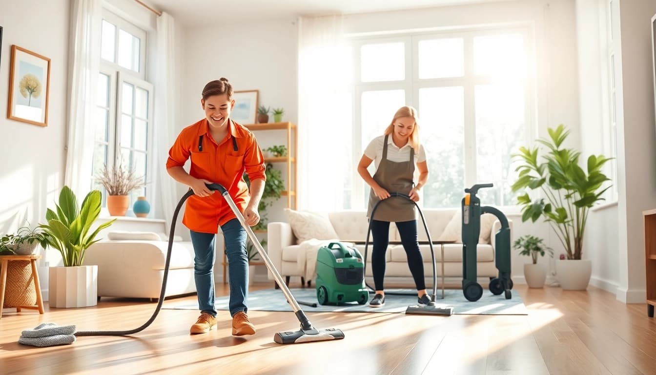 Efficient cleaners providing cleaning services calgary in a bright home, showcasing their professional equipment.