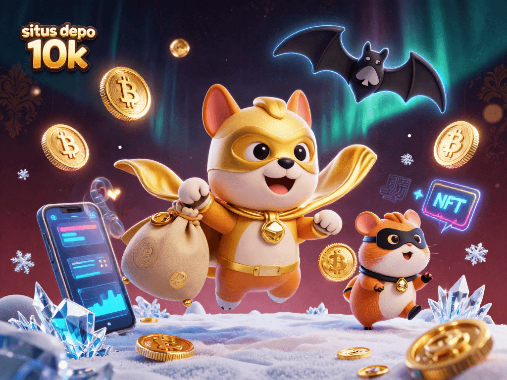 Join the action with situs depo 10k, featuring a superhero dog flying amidst gold coins and crypto elements.