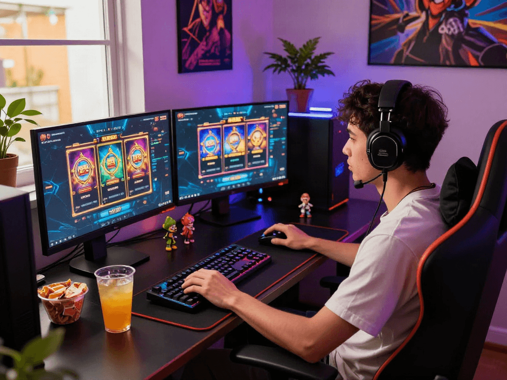 Gamer enjoying slot gacor games at an illuminated gaming setup